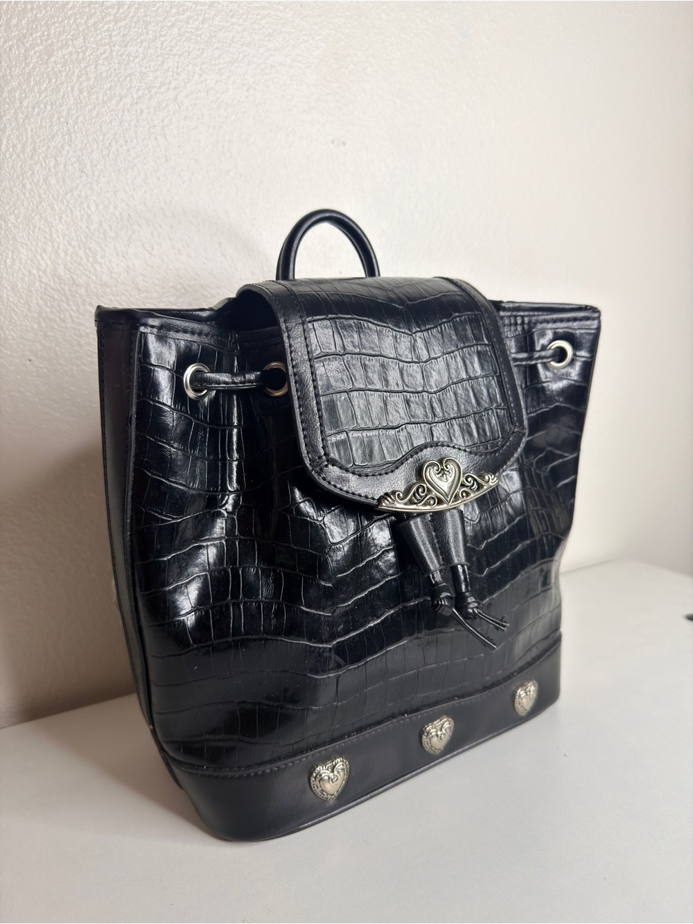 Black Croc-Embossed Faux Leather 90’s Y2K Backpack with Decorative Hardware New